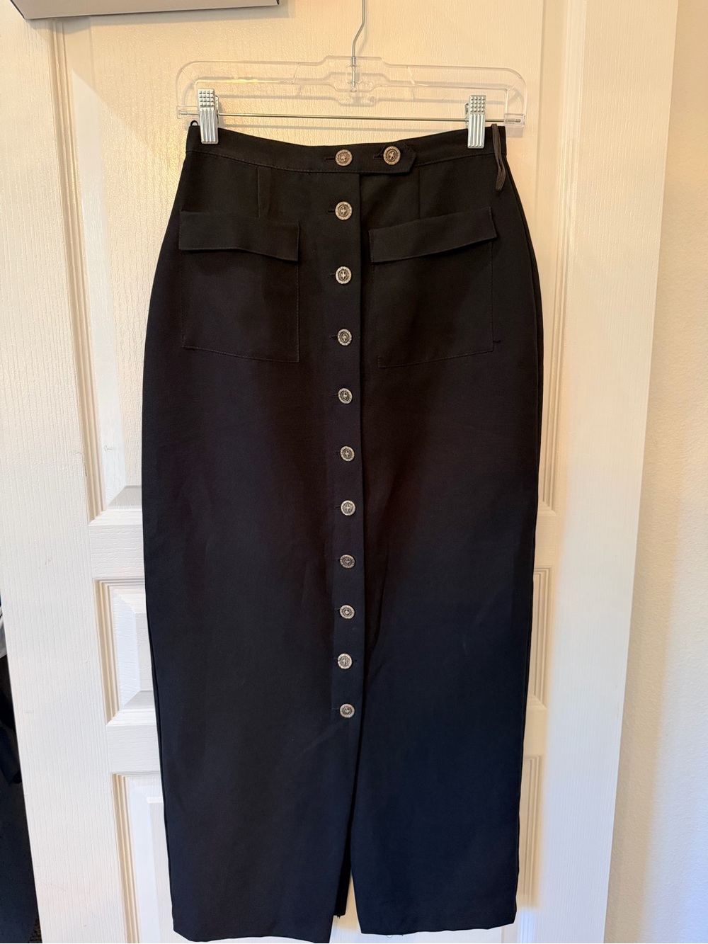 Vintage Black High Waist Button-Front Midi Skirt